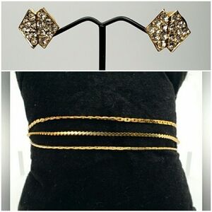 2 pc Gold Plated Lot Multi Chain Bracelet Geometric Crystal Earrings Post MXL6